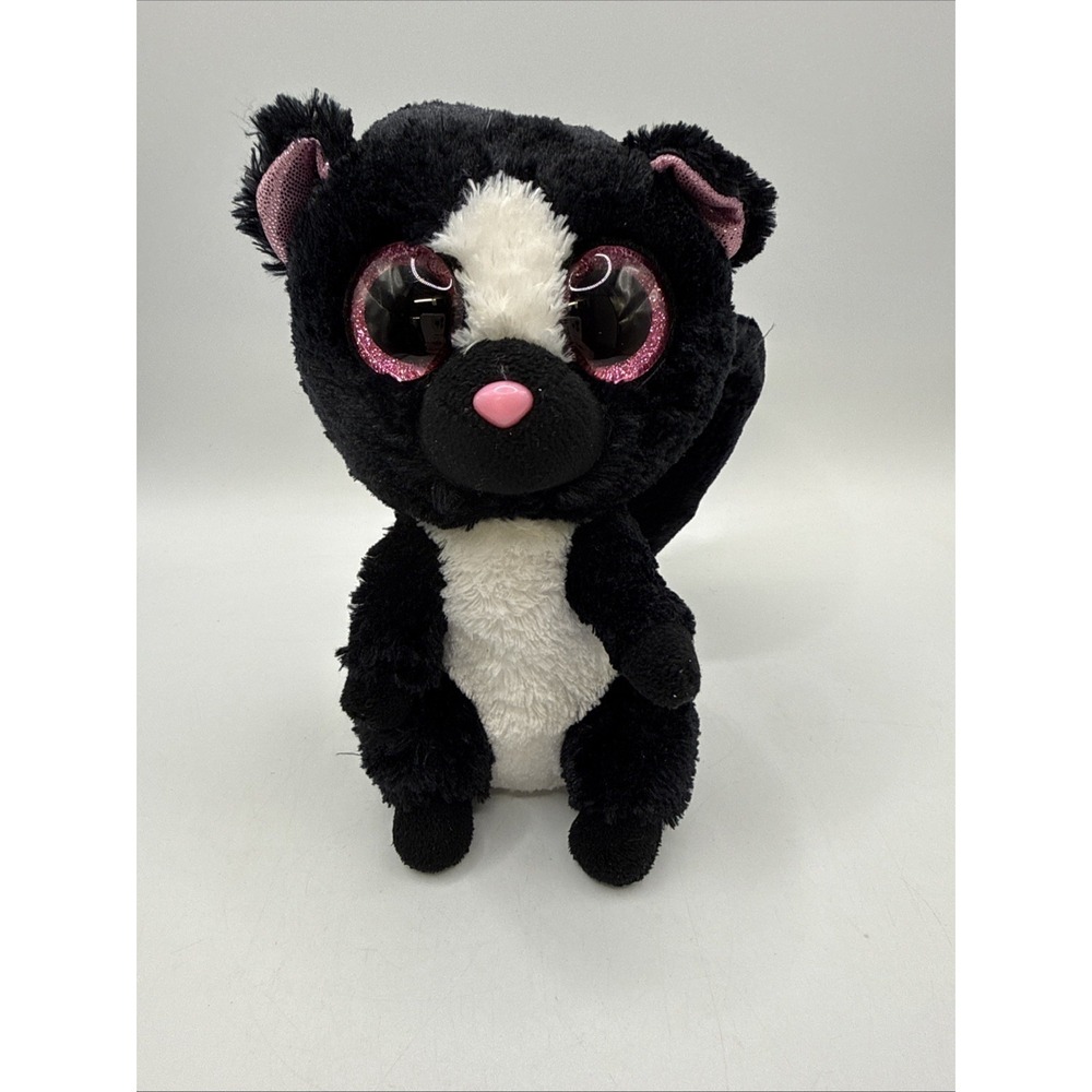 Ty FLORA‎ Skunk Beanie Boos Plush 6" Black & White Pink Sparkle Big Eyes Cute!